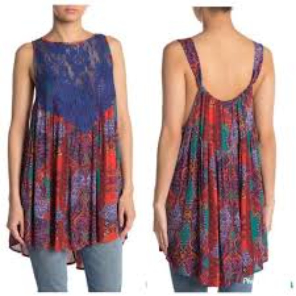 Free People NWT Count Me In Trapeze Sleeveless Tunic Dress Hot Red Combo Sm New